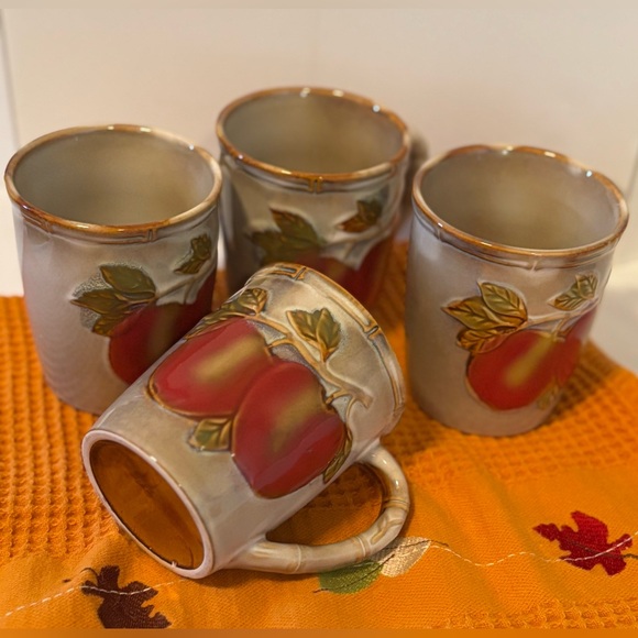 Vintage Embossed are Coffee Cups/Mug Embossed w/Apple and Bamboo Design Set of 4 - Picture 1 of 7
